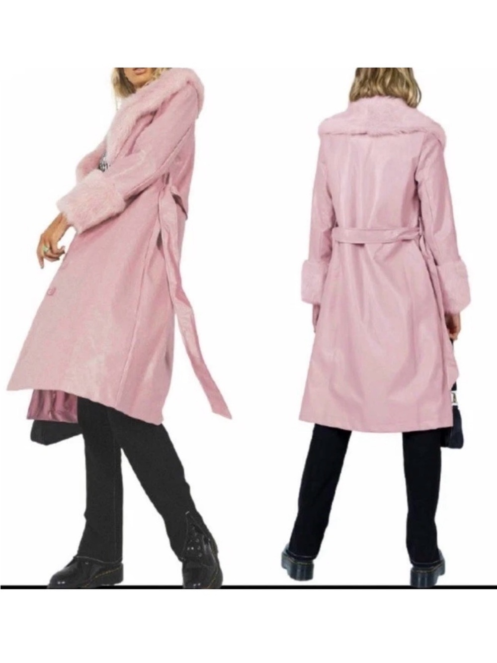Princess Polly “Alice” Penny Lane Faux Fur Vegan Leather Pink Trench Coat Size 4 - Picture 2 of 10